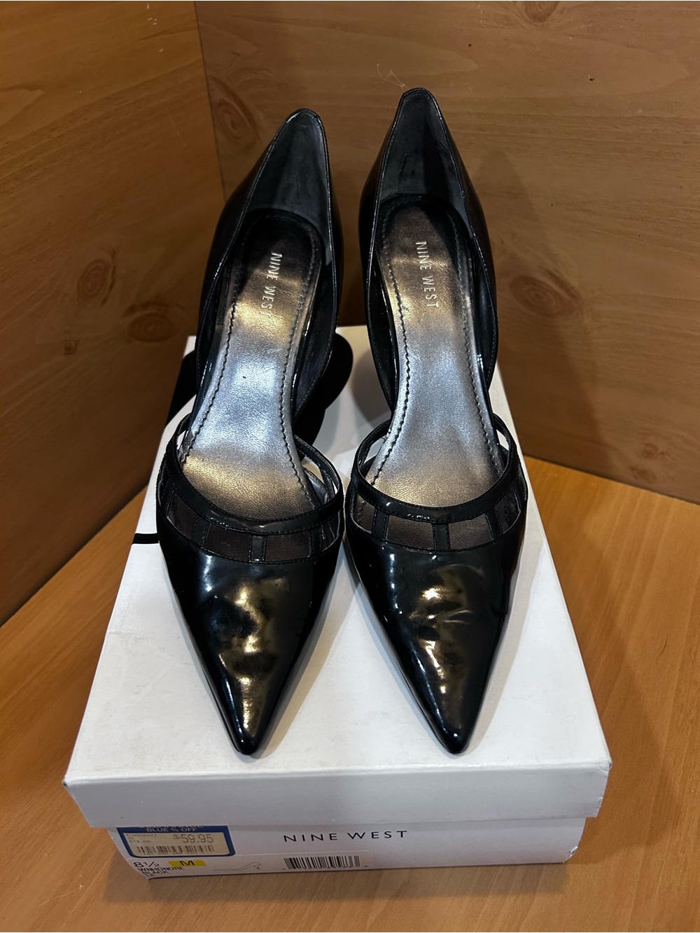 Nine West Black Patent Pointed Toe Mesh Pumps Heels Size 9M